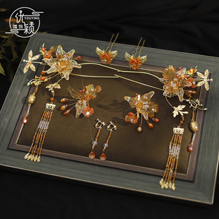 新款中式新娘头饰秀禾服龙凤褂简约金色步摇发簪发饰晨袍婚礼饰品