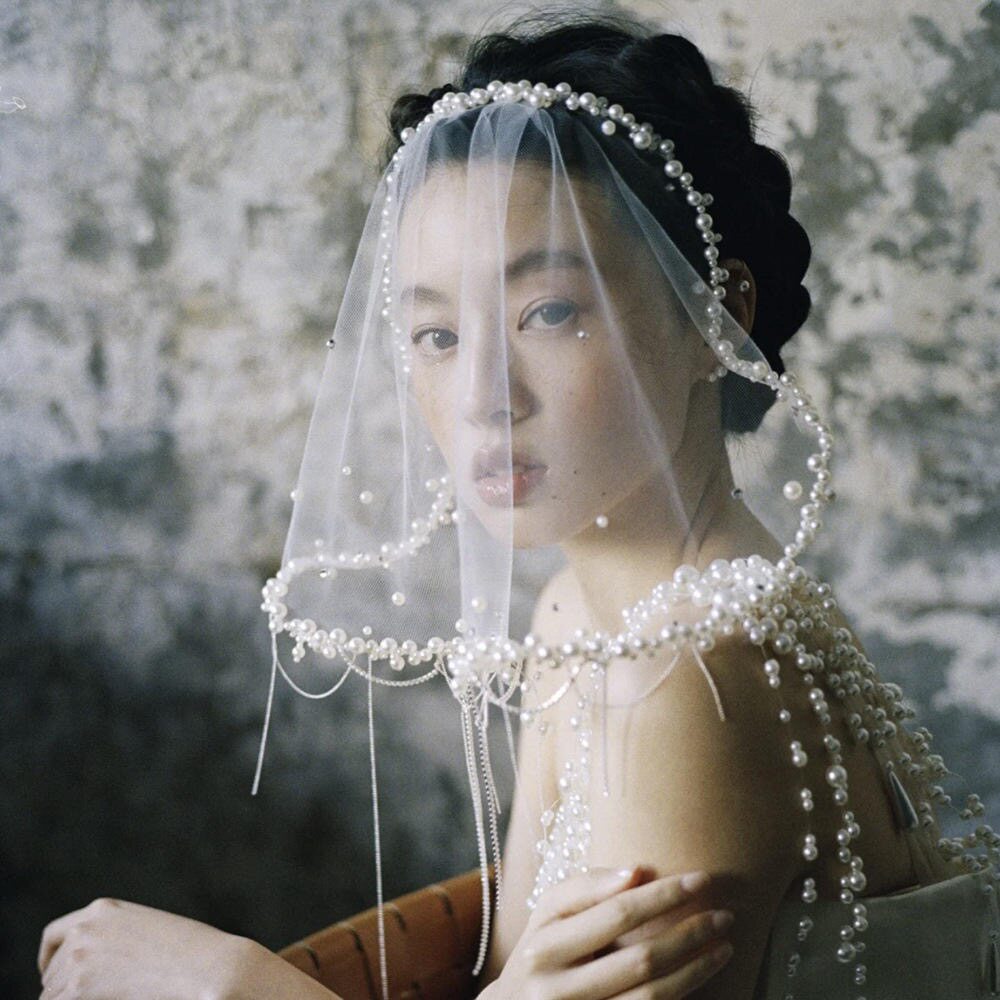 优颖原创手作串珠蕾丝面纱头纱新娘结婚法式复古婚纱礼服写真饰品