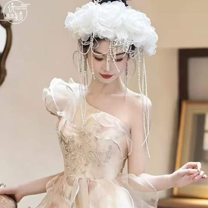 优颖新款仙女风花朵蕾丝发夹串珠珍珠流苏顶夹超仙公主风新娘头饰