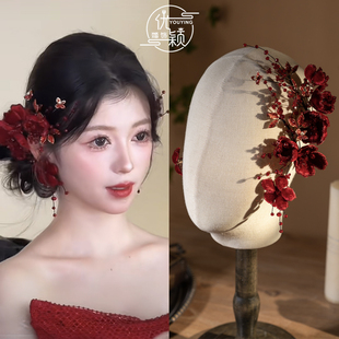 优颖红色水晶绒花发夹新娘头饰新中式水钻花朵造型高端定制民族风