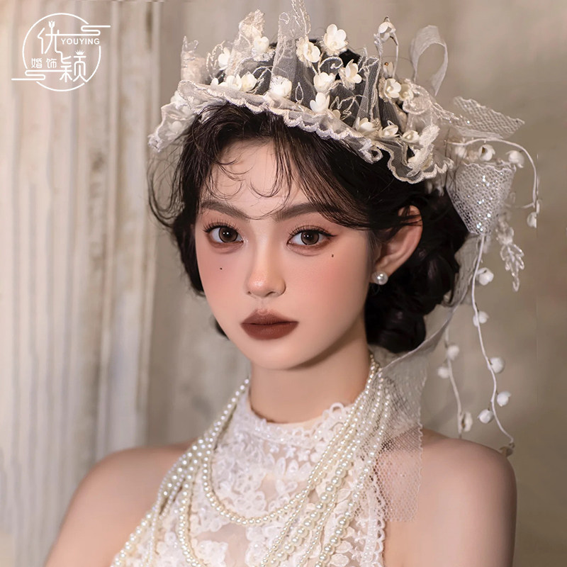 复古森系新娘仙美网纱花朵发带婚纱结婚主婚纱饰品影楼拍照配饰品