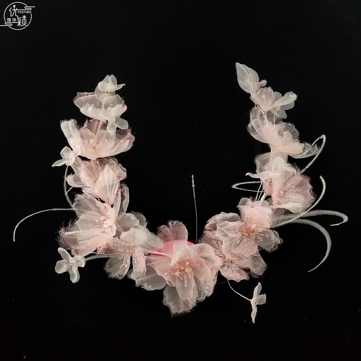 甜美水晶粉花朵发箍新娘头饰超仙氛围感发饰婚纱晨袍影楼拍照头花