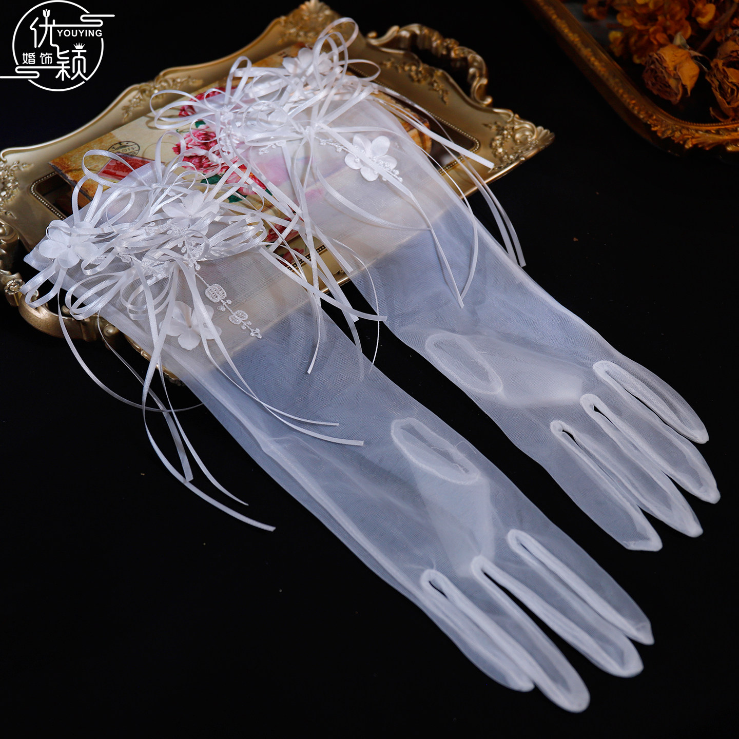 优颖新款法式超仙白色婚纱手套新娘结婚蝴蝶结丝带花朵造型配饰