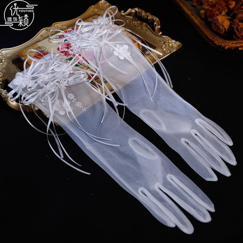 优颖新款法式超仙白色婚纱手套新娘结婚蝴蝶结丝带花朵造型配饰