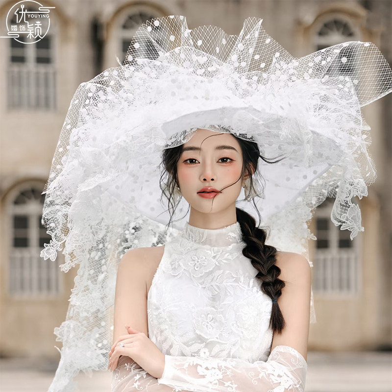 优颖法式复古网纱蕾丝头纱礼帽女新娘氛围感婚纱摄影拍照高级感