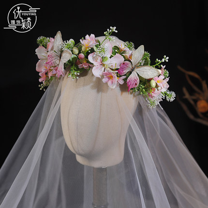 优颖原创森系清新粉色花朵果子花环新娘头饰度假结婚写真儿童花环