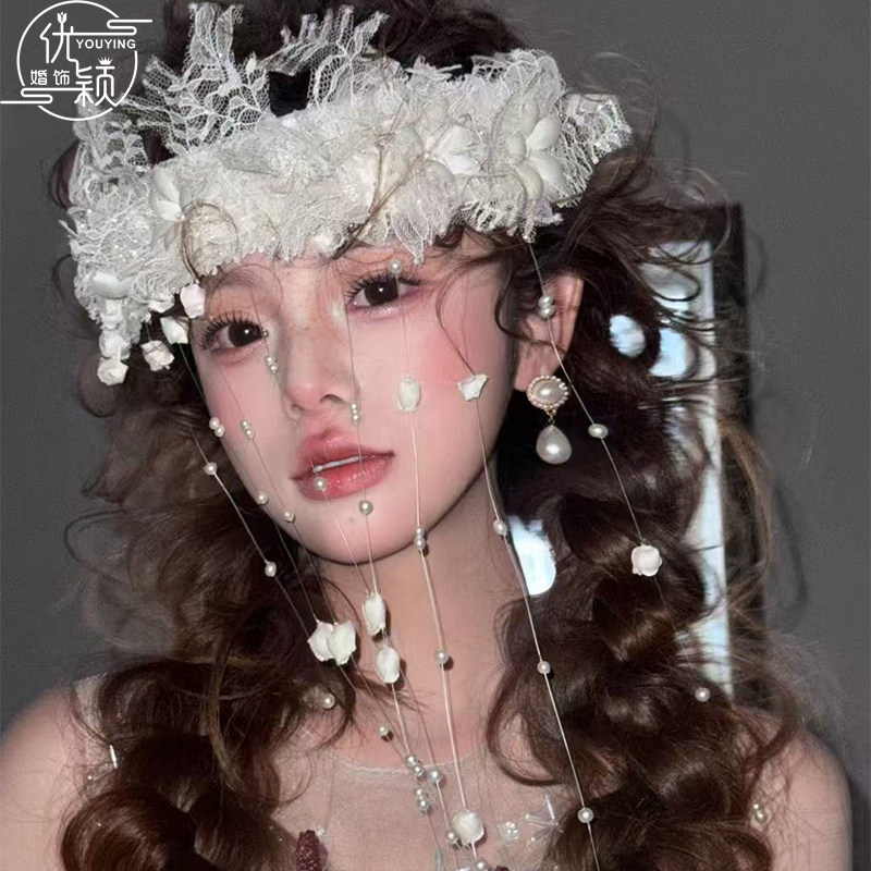优颖新款蕾丝铃兰花环流苏遮面发饰新娘头饰婚纱礼服配饰结婚造型