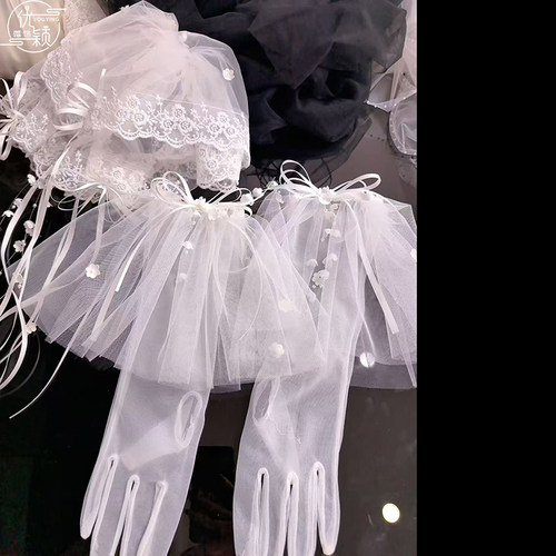 优颖新款新娘白色蕾丝花朵蝴蝶结头纱手套新娘高级感复古礼服配饰
