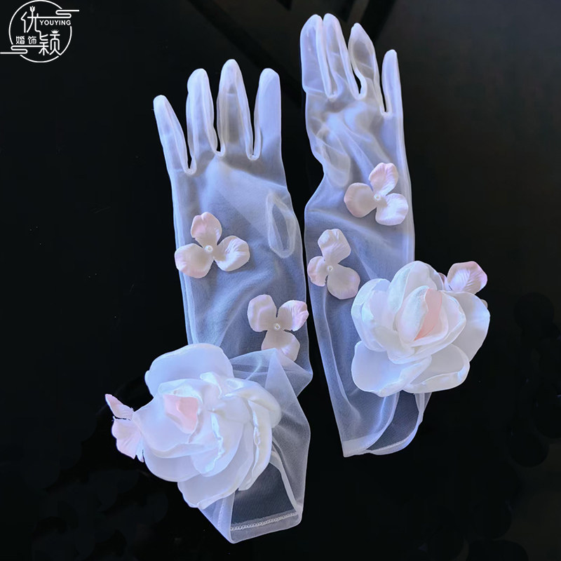 优颖新款白色网纱花朵长款薄手套新娘婚纱礼服配饰影楼拍照写真
