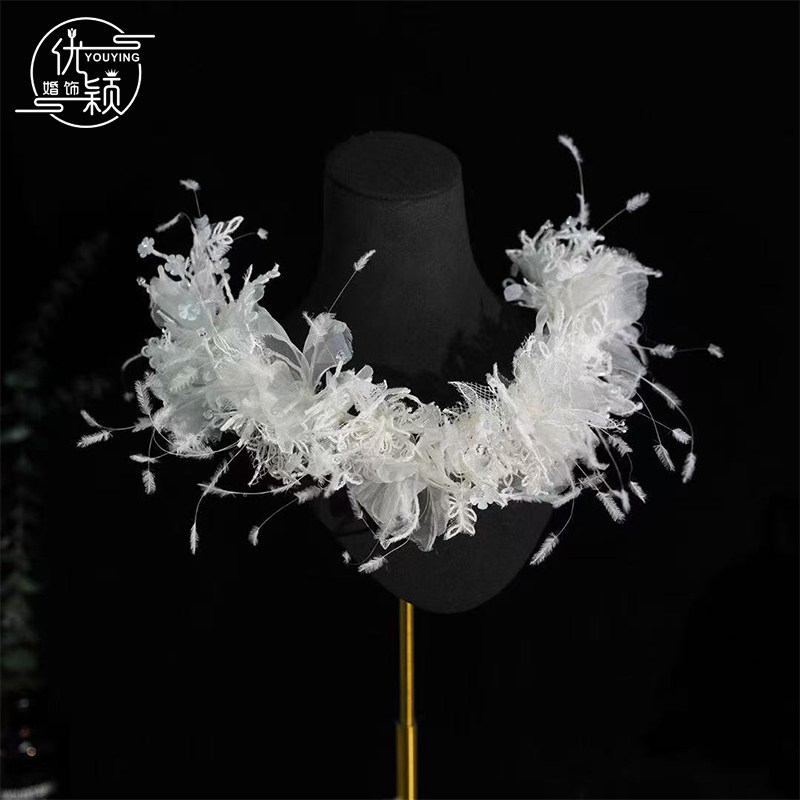 优颖新款手作白色仙气花朵蕾丝羽毛发箍新娘头饰森系仙气流苏配饰