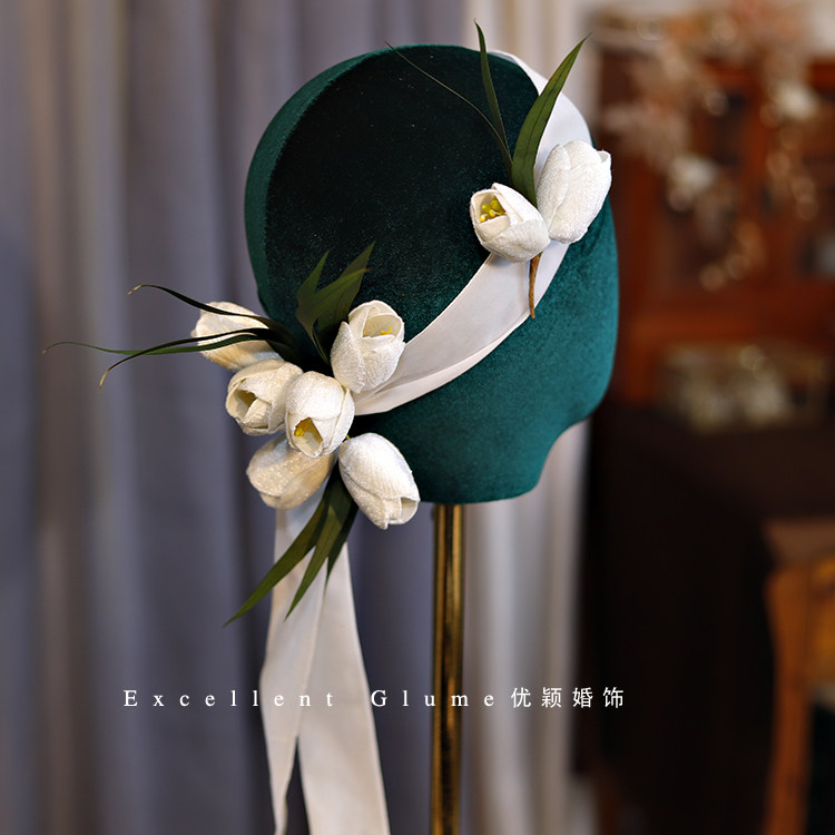法式复古风郁金香花朵飘带新娘头饰白纱影楼写真造型森系彩妆配饰