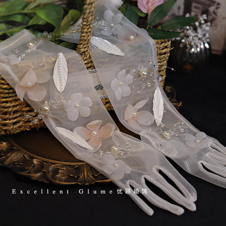 원래 새로운 반짝 이는 크리스탈 활 그라데이션 꽃 흰색 거즈 장갑 신부 드레스 스타일링 액세서리