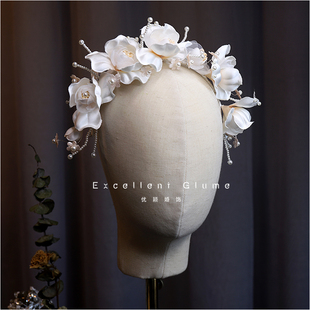 原创复古串珠渐变缎面花瓣发箍新娘头饰轻纱外景旅拍造型跟妆配饰