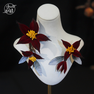 新品新中式高级复古红色绒花发夹古风汉服旗袍新娘发饰秀禾头饰品