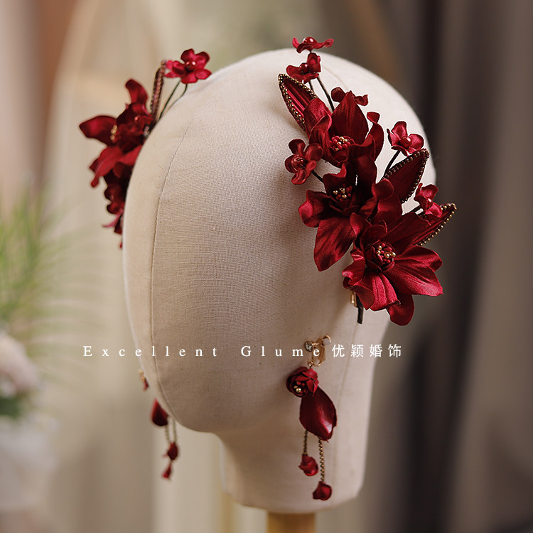 法式复古高质感酒红缎面立体花朵发夹新娘头饰敬酒服婚纱造型配饰