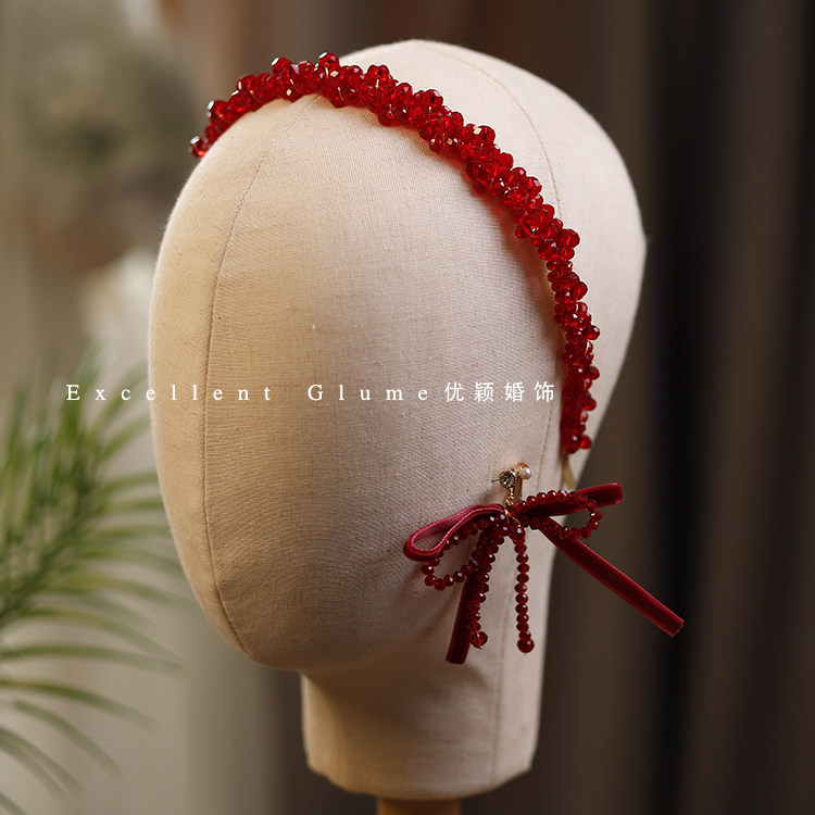 重手工串珠发箍蝴蝶结水晶耳环套装新娘敬酒礼服发饰伴娘头饰配饰