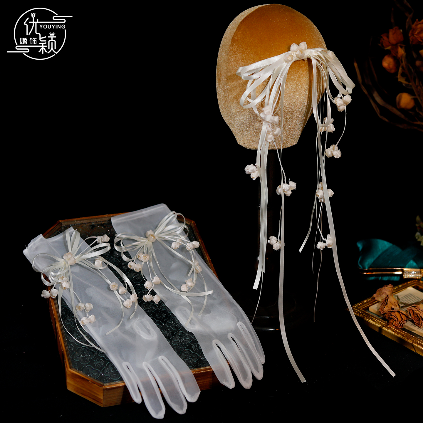 新娘头饰仙气白色铃兰花蝴蝶结