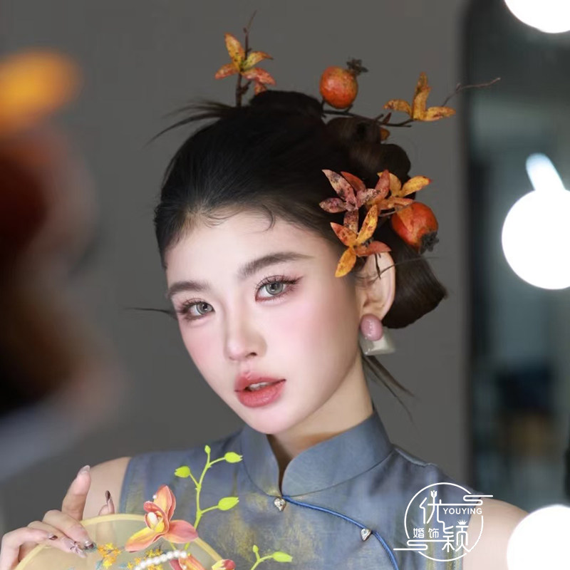 康康新娘造型同款 早春石榴 寓意新中式小礼服旗袍晨袍敬酒服配品
