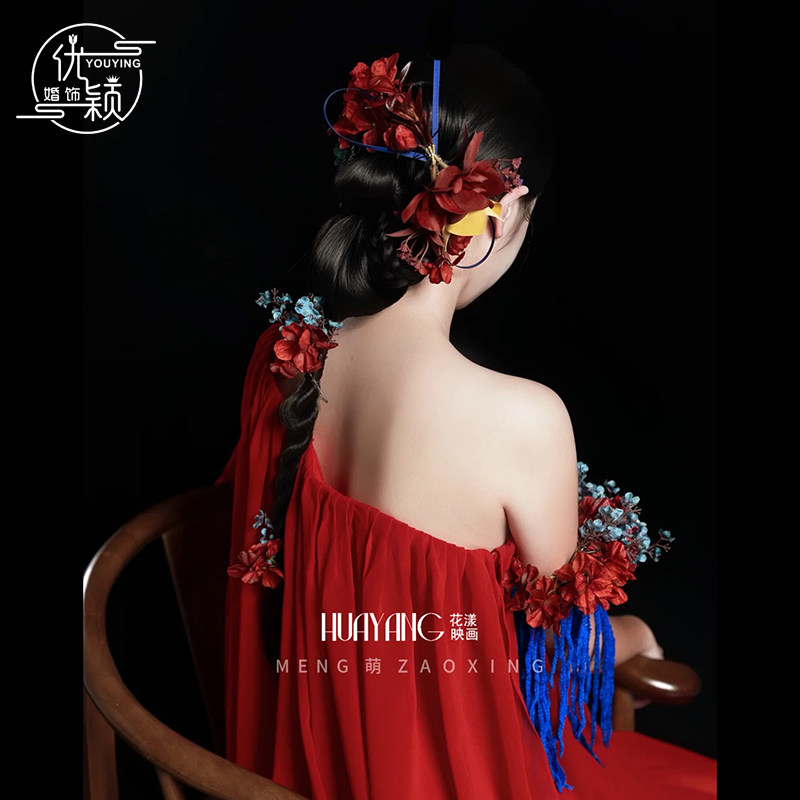 新款复古仿真撞色花朵头饰新中式新娘头饰秀禾晨袍敬酒服头花配饰