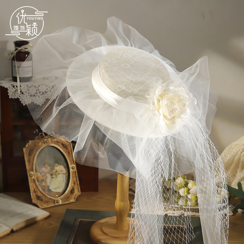 新品法式优雅头纱花朵仙美新娘礼帽连纱头饰外景婚纱照旅拍帽子女