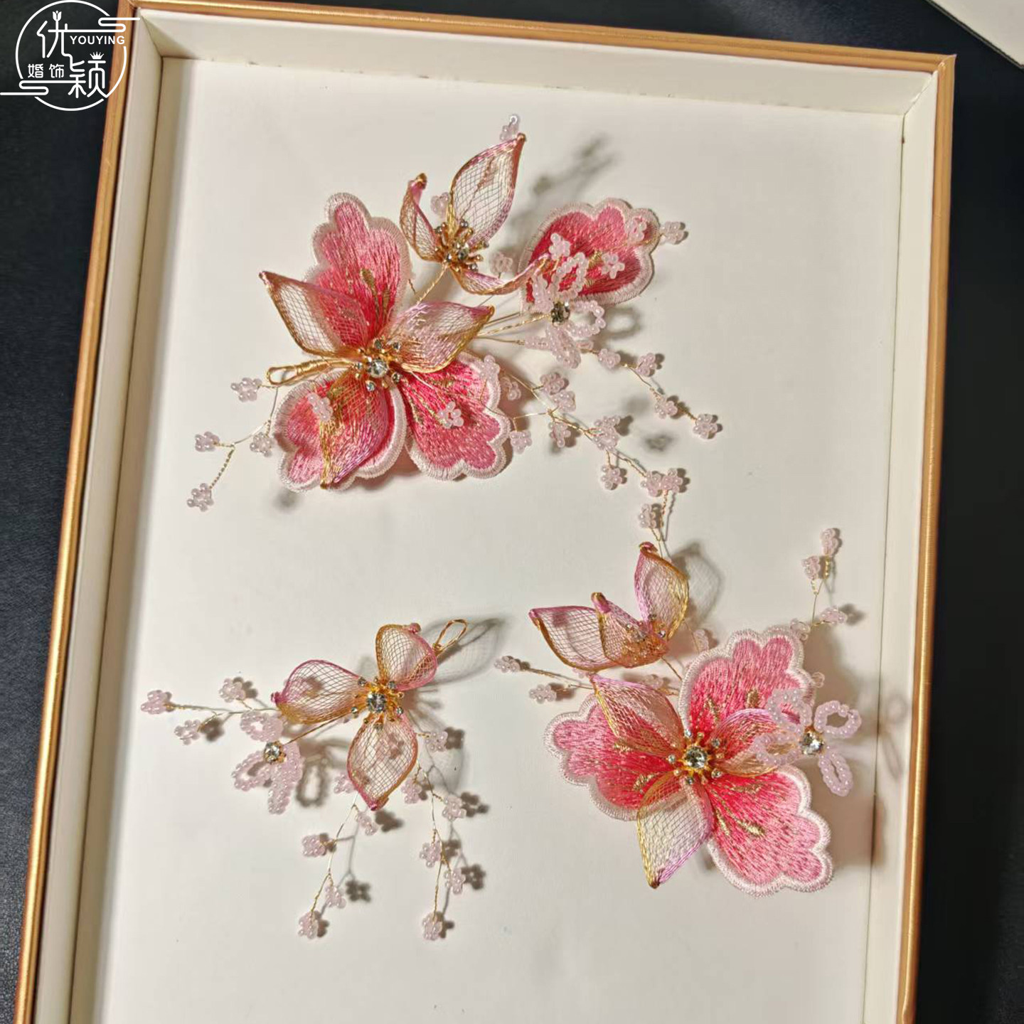 优颖新款桃粉色花朵串珠发夹新娘头饰森系甜美仿珍珠蕾丝边夹发饰