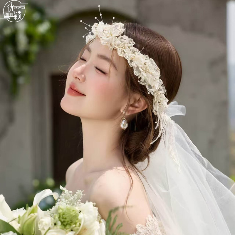 优颖手工花朵串珠发饰新娘头纱头饰唯美气质公主婚礼结婚头纱发箍