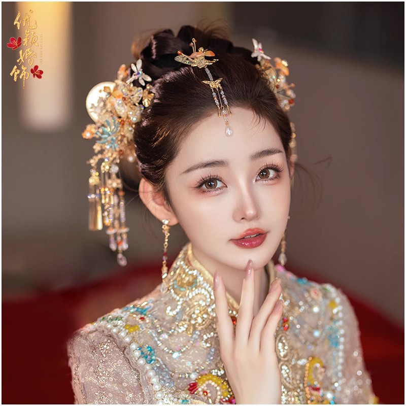新娘金色闪粉花朵中式秀禾服头饰
