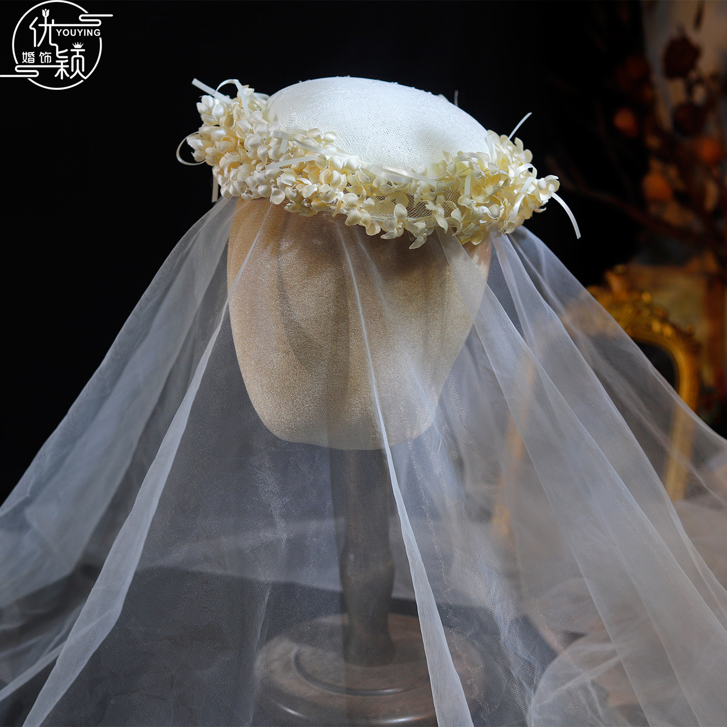 复古超仙铃兰花朵蝴蝶结小礼帽头纱新娘结婚造型影楼拍摄头饰发饰