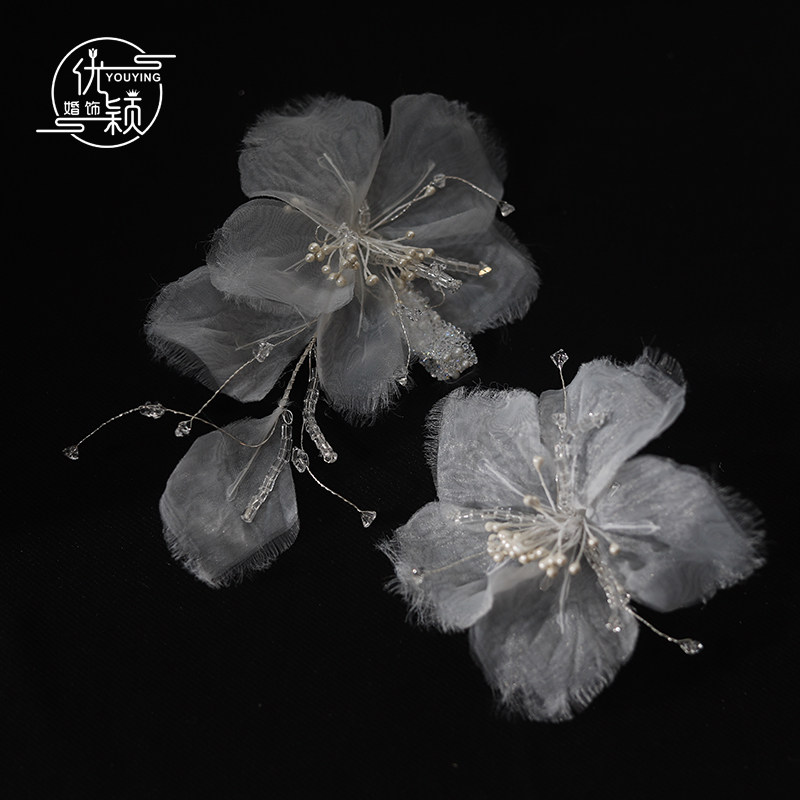 优颖新款超仙薄纱花朵新娘头饰水晶纱花发夹婚纱礼服写真造型配饰
