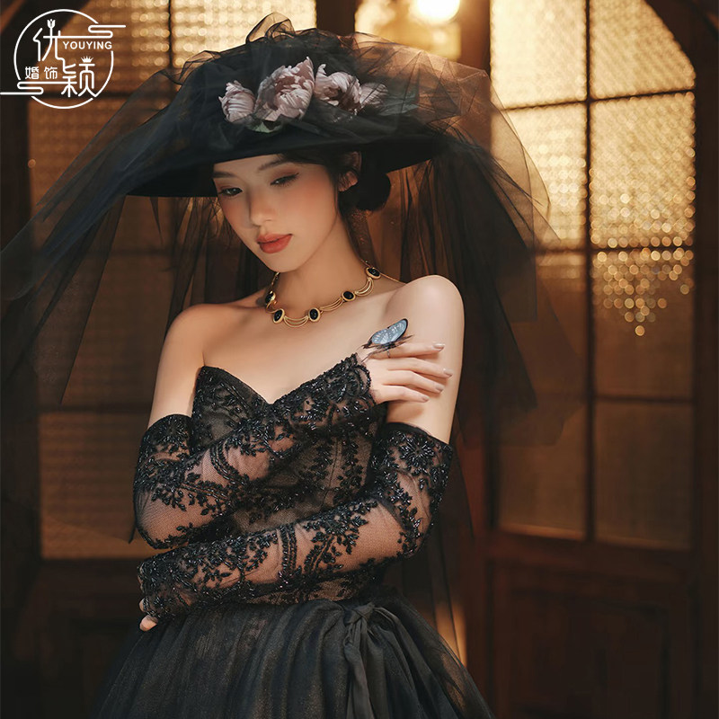 优颖新款个性复古黑色花朵黑纱礼帽新娘高级感多层摄影写真头饰