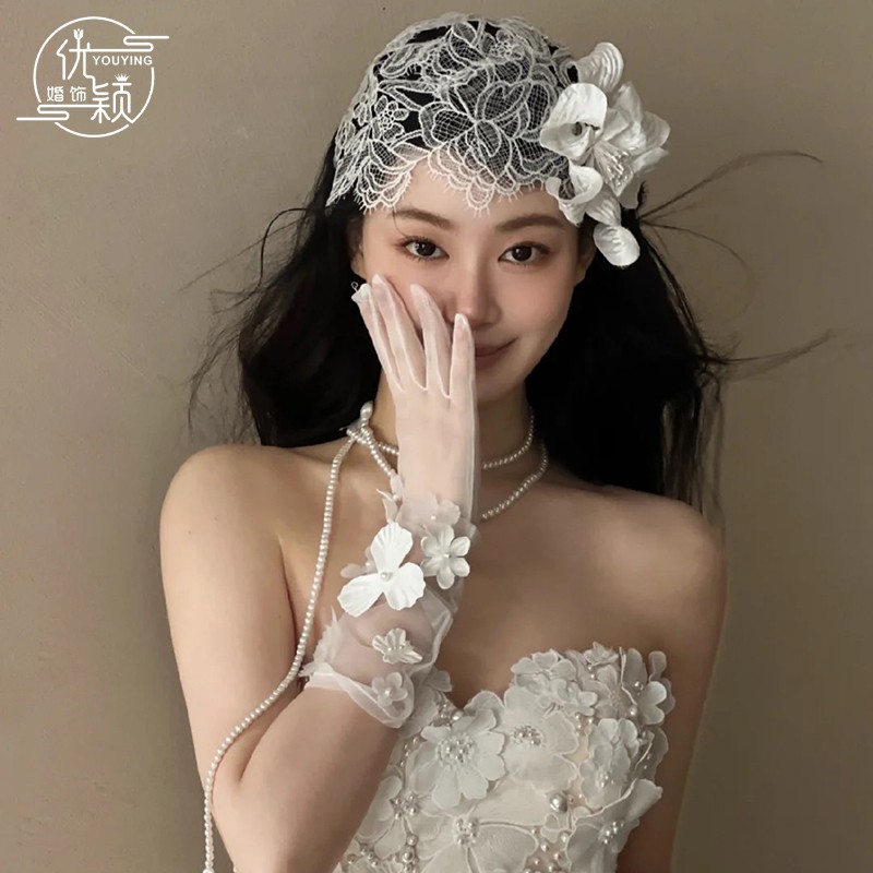 新款新娘头饰超仙蕾丝花边发饰法式复古民国风婚纱包头帽结婚配饰