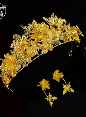 新款新娘黄金色发冠头饰秀禾服龙凤褂简约高级中式造型凤冠发饰品