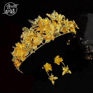 新款新娘黄金色发冠头饰秀禾服龙凤褂简约高级中式造型凤冠发饰品