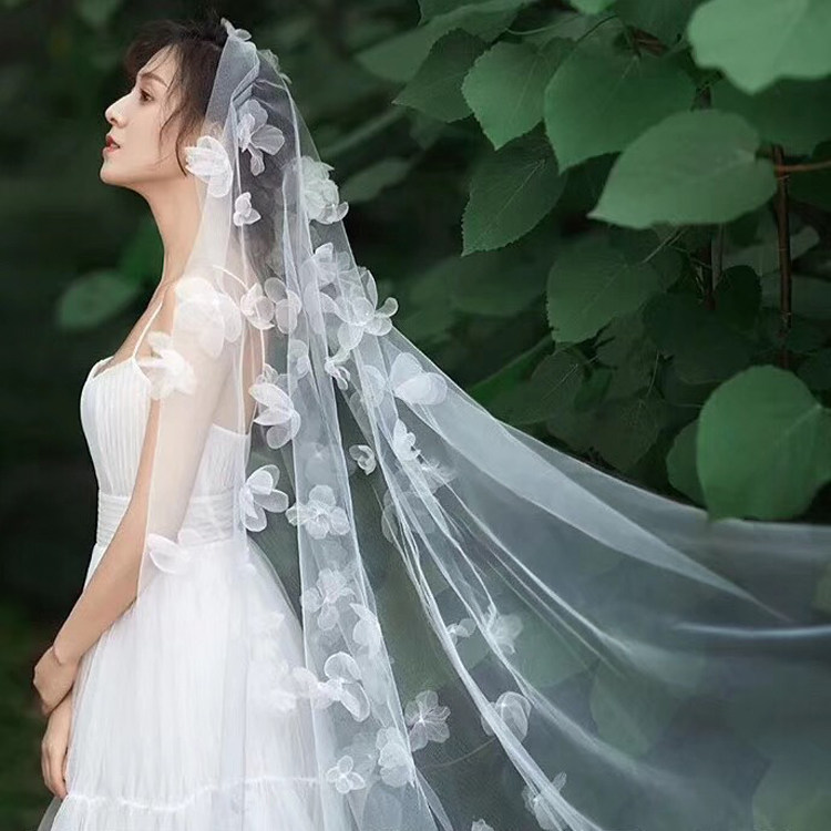 新娘婚纱头饰仙美软纱长款花朵头纱影楼写真配饰外景旅拍礼服发饰