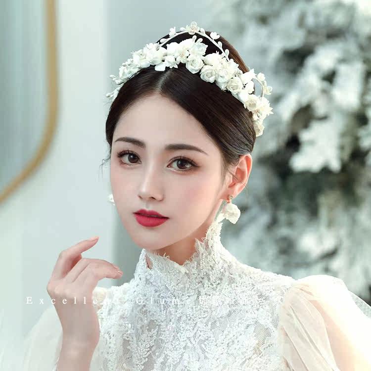 水晶花缎面玫瑰花苞发箍皇冠头饰