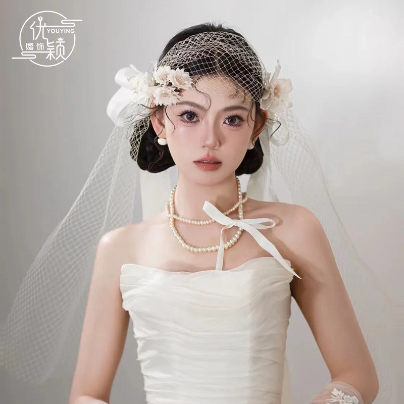 优颖网纱烫花蝴蝶结新娘结婚森系唯美礼服婚纱写真样片跟妆配饰品