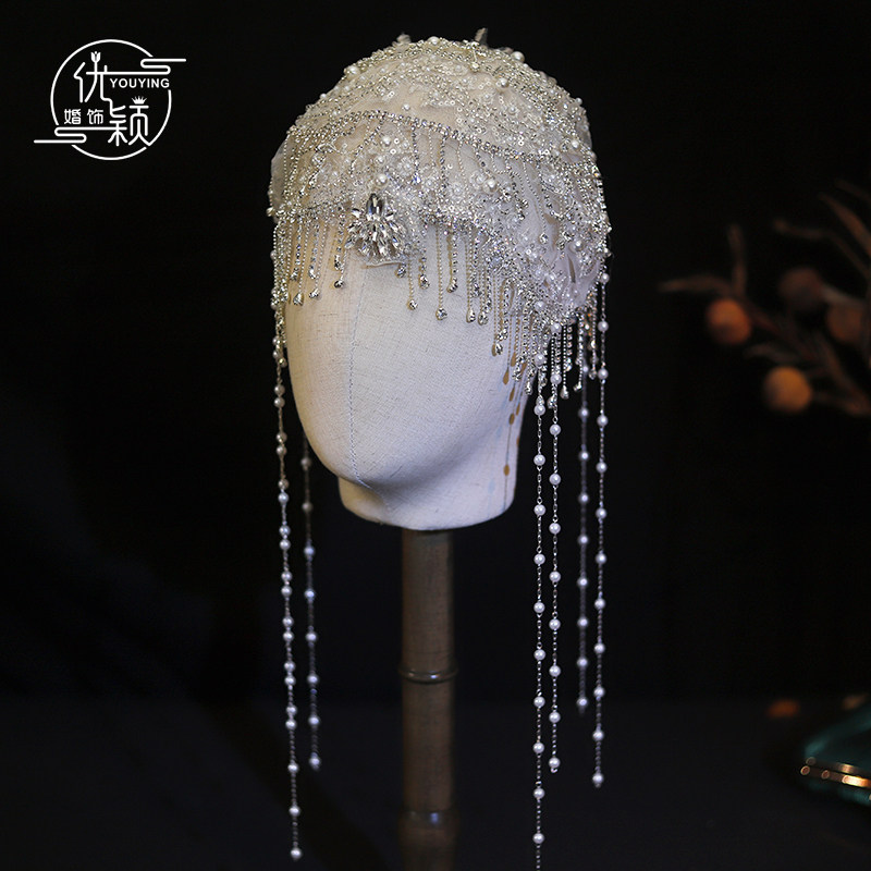 优颖新款重工刺绣复古新娘头饰蕾丝串珠流苏额坠纱帽婚纱礼服配饰