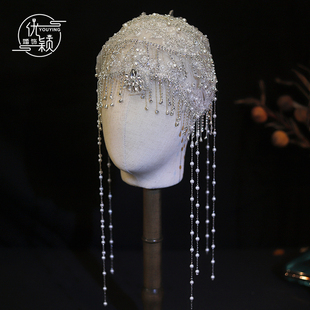 优颖新款重工刺绣复古新娘头饰蕾丝串珠流苏额坠纱帽婚纱礼服配饰