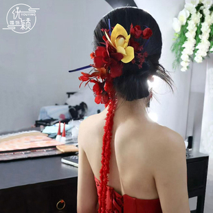优颖新款新娘复古百合花红色花朵头饰超仙百搭敬酒服礼服配饰造型
