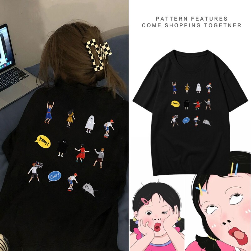 夏季日式卡通小人物印花纯棉短袖T恤韩版搞怪刺绣图女宽松上衣潮