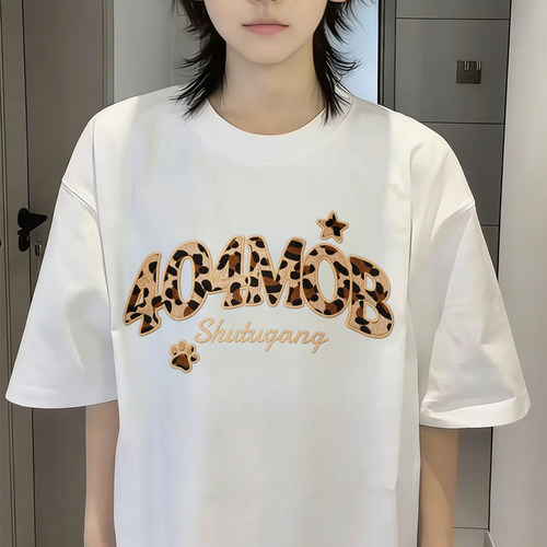 404MOB美式潮牌豹纹印花短袖T恤男女款夏季宽松复古纯棉情侣t