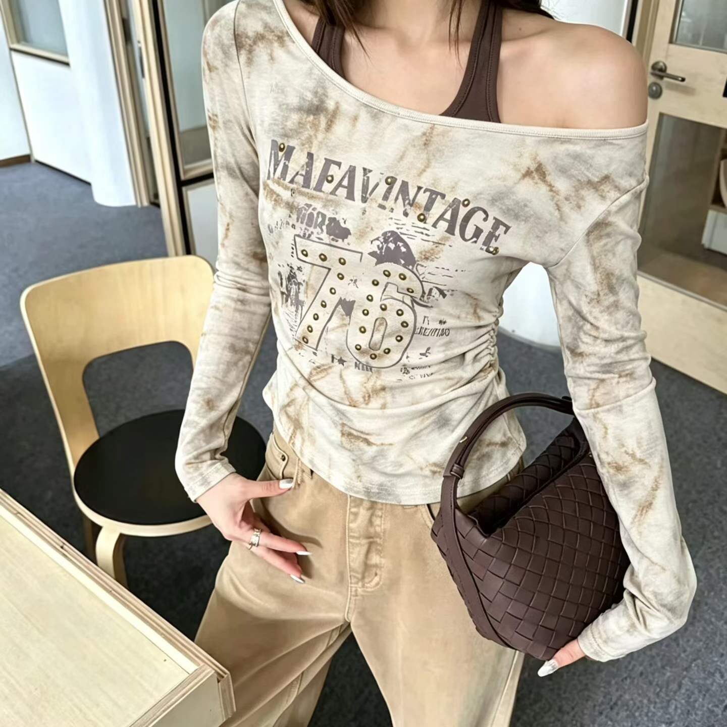 美式辣妹斜露肩挂脖长袖T恤女复古扎染磨毛显瘦打底衫上衣