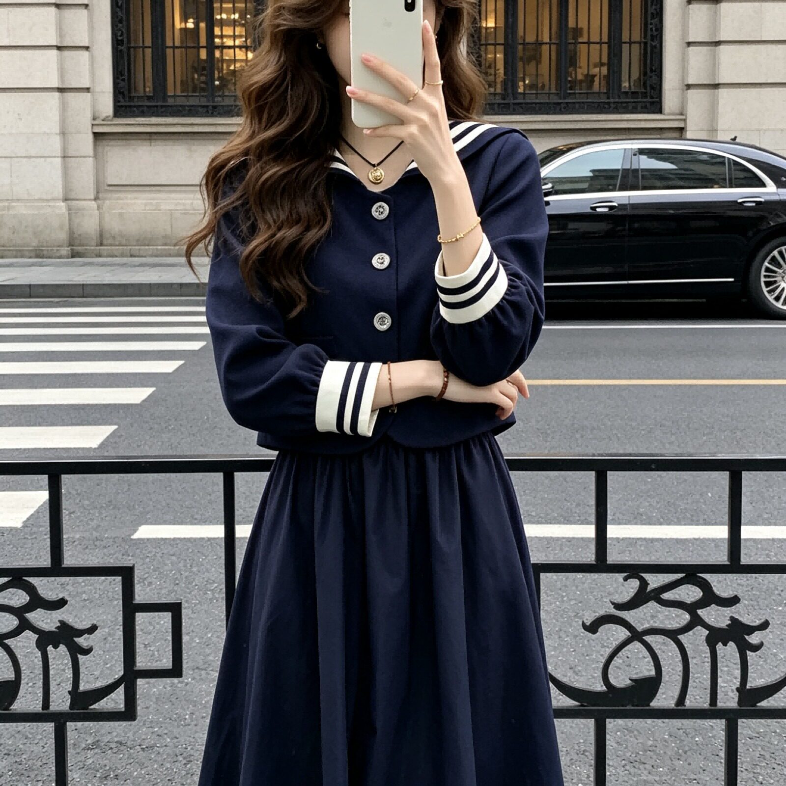 航行秋日 少女学院风海军领短款小风衣外套女秋半身裙套装