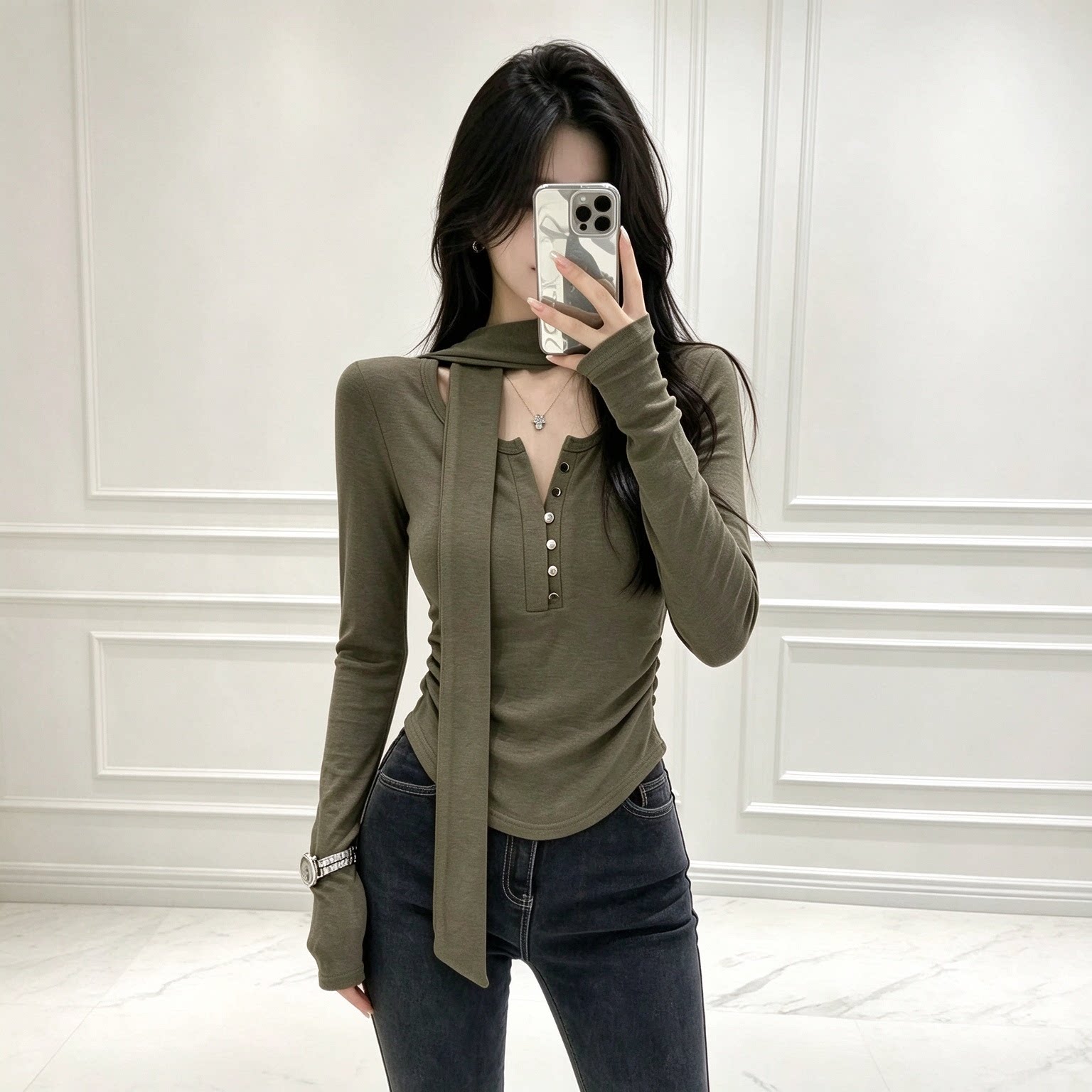 加绒 十三行秋冬磨毛绒韩版设计感胸前扣子后背蕾丝飘带T恤上衣女