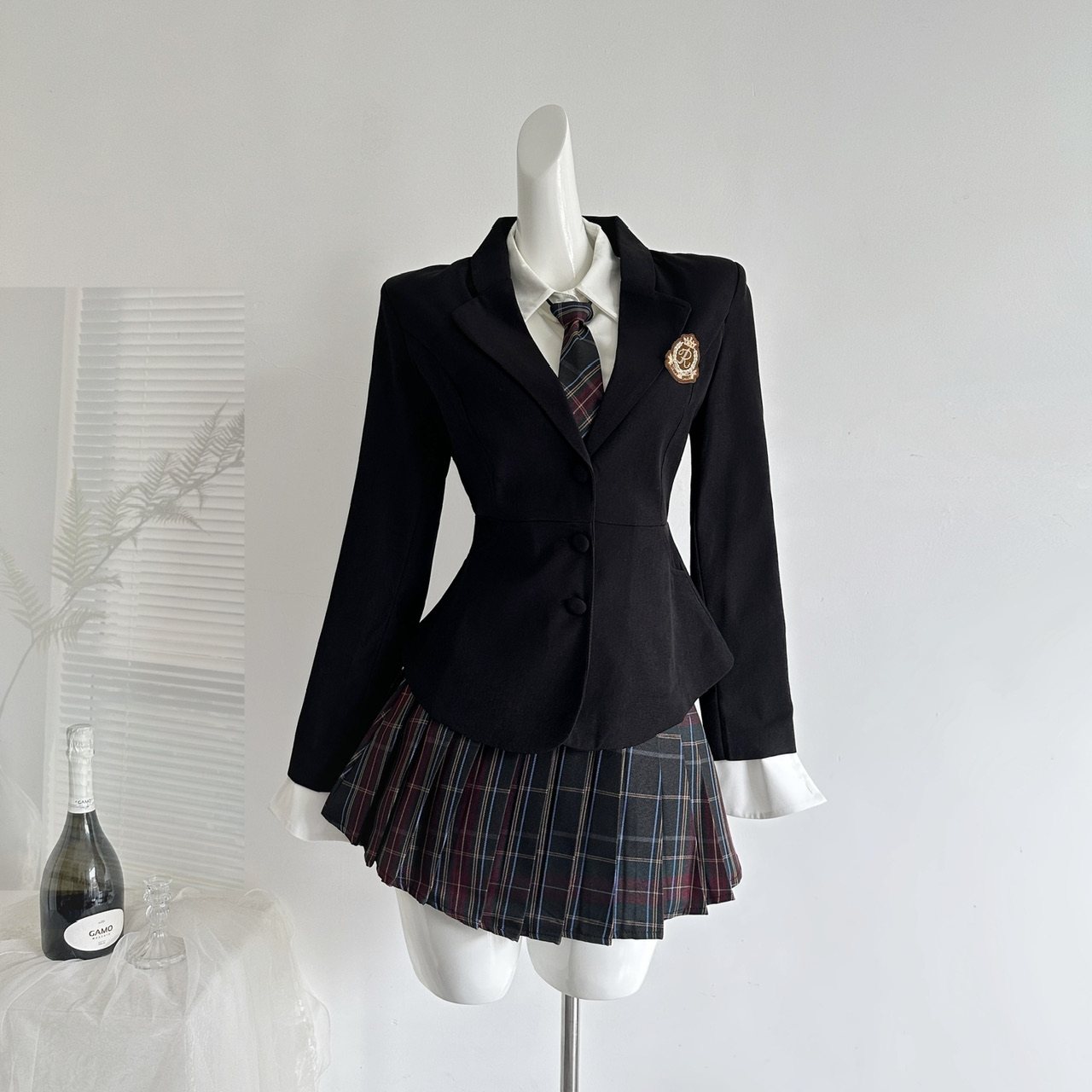 学院风初秋制服外套百搭衬衫格纹百褶裙三件套女