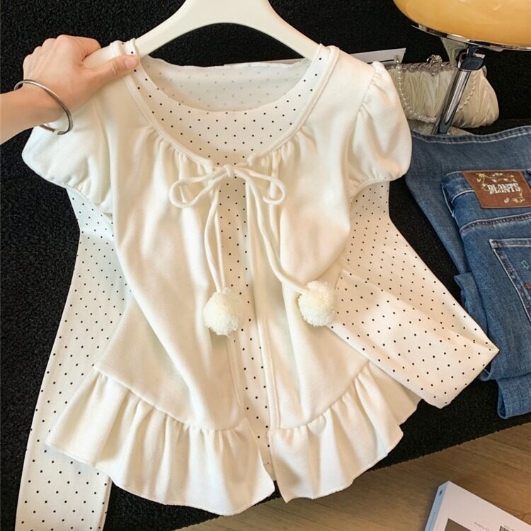 早秋甜美荷叶边系带短袖开衫波点T恤少女感两件套女