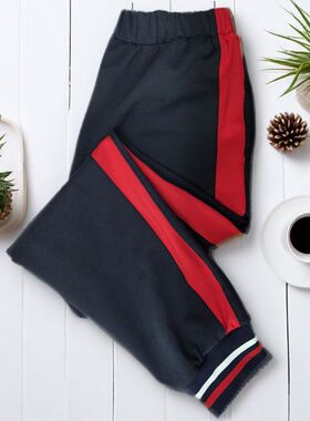 初高中生中小学生儿童深蓝藏蓝色束脚校服裤子一道宽红色条杠大码