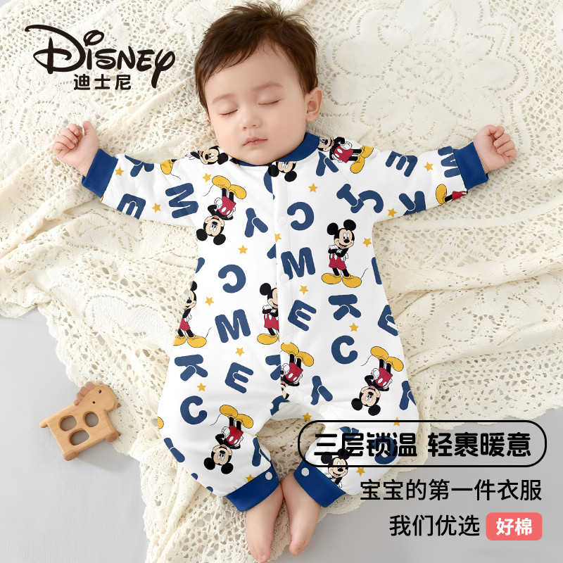 迪士尼婴幼儿爬服新生儿秋冬季保暖哈衣小月龄宝宝卡通可外出爬服