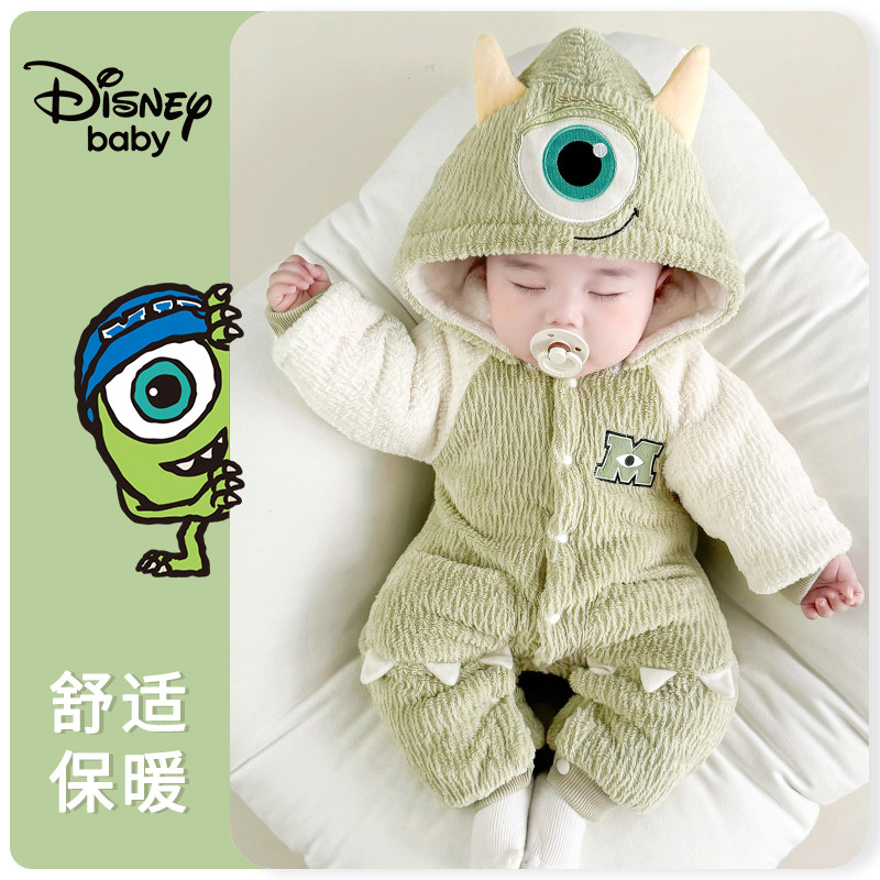 迪士尼暖暖绒连体衣新生儿童保暖冬季帽子可拆爬服男女宝宝外出衣