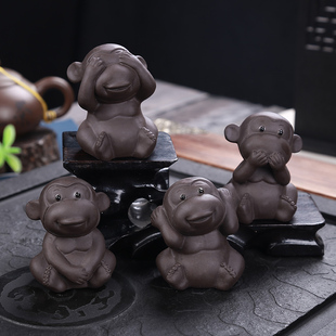 陶瓷功夫茶具茶盘茶道零配件茶玩茶宠摆件茶玩四勿不猴工艺品手工